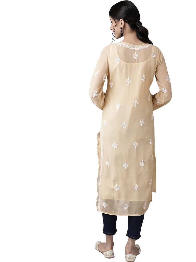 Ada Lucknowi Hand Embroidered Chikankari Fawn Georgette Regular Fit Kurta Kurti with Slip for Women A90352 (XS) - Image 3