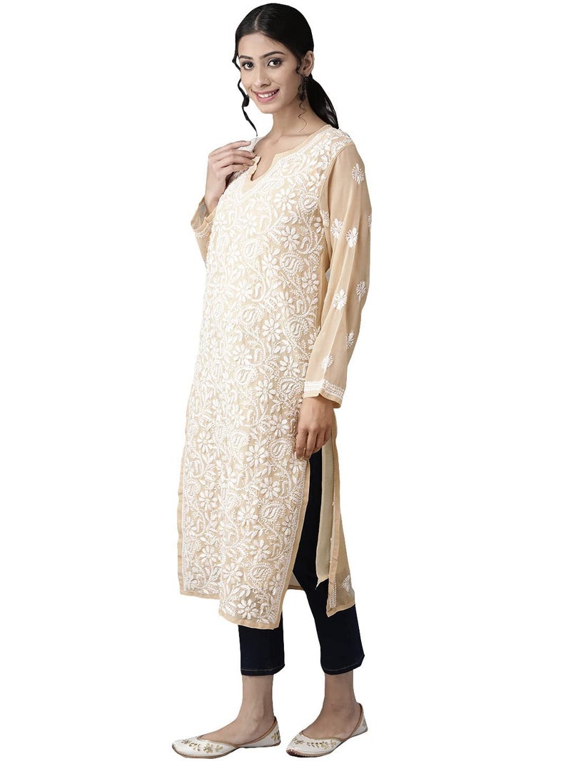 Ada Lucknowi Hand Embroidered Chikankari Fawn Georgette Regular Fit Kurta Kurti with Slip for Women A90352 (XS) - Image 5