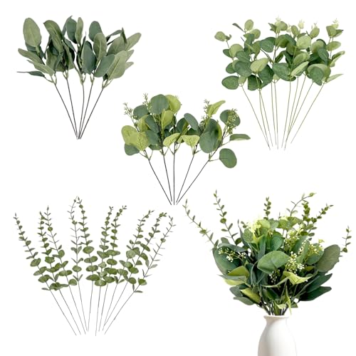 Holyenten 30 Pcs Eucalyptus Stems Bulk, 4 Kinds Mixed Artificial Silver Dollar Eucalyptus Greenery Branches for Wedding Centerpieces, Floral Arrangements, Vase Bouquet Home Decor - Image 1