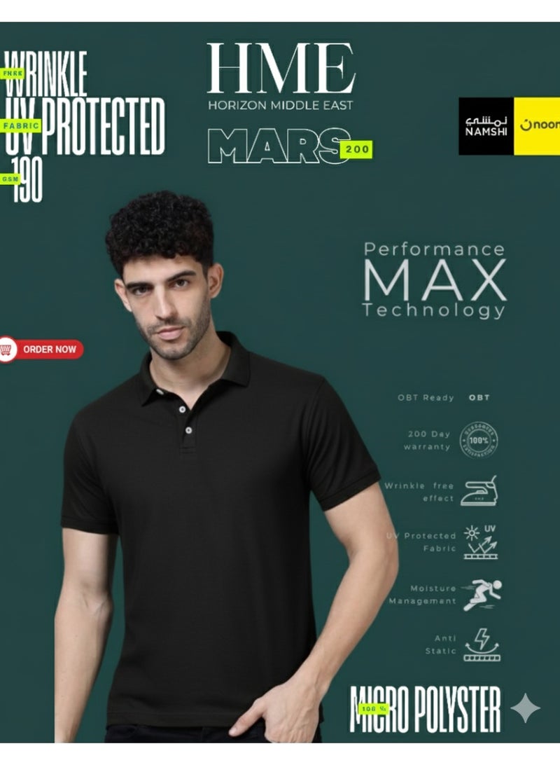 H M E Mens T-Shirt POLO Black Mars 200 Premium Wrinkle-Free ,UV Protection, Moisture Management, Durable 190 GSM Polyester - Image 1