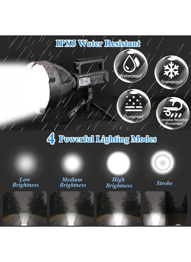 Rechargeable Spotlight Torch, LED Super Bright P70 High Lumen Handheld Tactical Torch, 4 Brightness Modes and IPX6 Waterproof Large Searchlight with USB Output and Foldable Tripod for Camping/Hunting