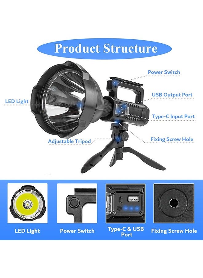 Rechargeable Spotlight Torch, LED Super Bright P70 High Lumen Handheld Tactical Torch, 4 Brightness Modes and IPX6 Waterproof Large Searchlight with USB Output and Foldable Tripod for Camping/Hunting