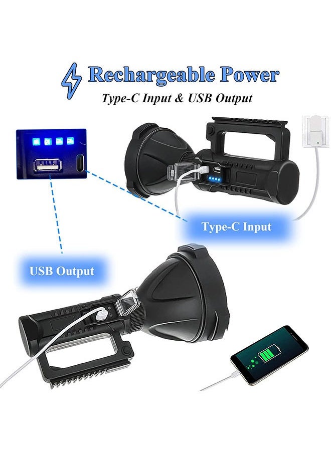 Rechargeable Spotlight Torch, LED Super Bright P70 High Lumen Handheld Tactical Torch, 4 Brightness Modes and IPX6 Waterproof Large Searchlight with USB Output and Foldable Tripod for Camping/Hunting