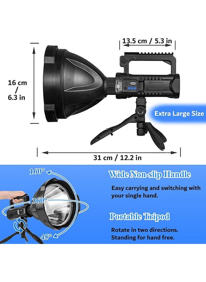 Rechargeable Spotlight Torch, LED Super Bright P70 High Lumen Handheld Tactical Torch, 4 Brightness Modes and IPX6 Waterproof Large Searchlight with USB Output and Foldable Tripod for Camping/Hunting