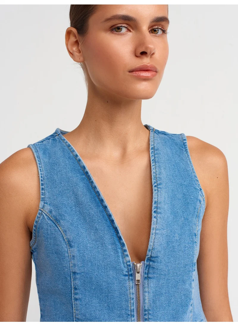 Dilvin 50704 Zippered Front Denim Vest-Blue