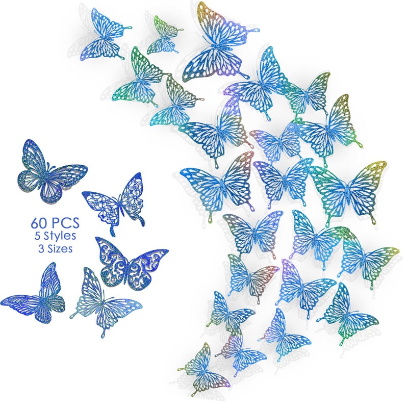 Formano Formano 3D Butterfly Wall Decor 60 Pcs 5 Styles 3 Sizes Genuine Glittering Sequin Design Sparkling Rainbow Shinny Butterfly Decorations with Traceless Stickers  Royal Blue 