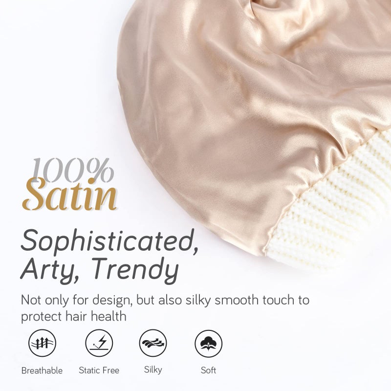 FURTALK Winter Beanie Hat for Women Satin Lined Cable Knit Chunky Slouchy Beanies Skull Warm Cap Beige One Size - Image 2