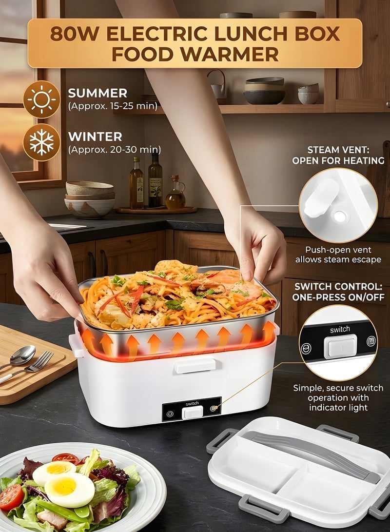 بيوينتي صندوق غداء كهربائي ساخن للكبار، 80 واط، سخان طعام محمول 12 فولت 24 فولت 220 فولت، وعاء طعام ذاتي التسخين سعة 1.8 لتر مقاوم للتسرب مع غطاء، مثالي للسيارة والشاحنة والمكتب والمنزل والسفر والتخييم - Image 2