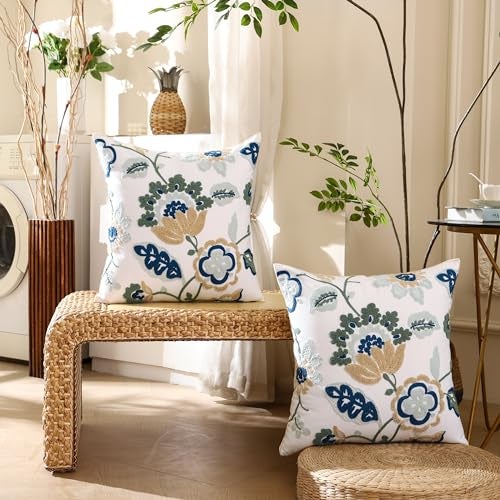 LUOYEHK Embroidered Decorative Throw Pillow Covers 18x18 Inch Pack of 2 Spring Farmhouse Floral Square Pillowcase Canvas Cushion Cover for Couch Sofa Bed Living Room（Blue Dragon Flower） - Image 3