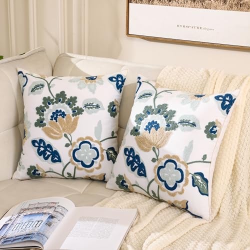LUOYEHK Embroidered Decorative Throw Pillow Covers 18x18 Inch Pack of 2 Spring Farmhouse Floral Square Pillowcase Canvas Cushion Cover for Couch Sofa Bed Living Room（Blue Dragon Flower） - Image 2