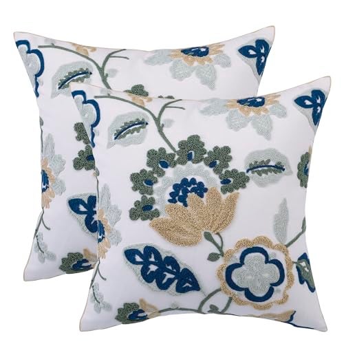 LUOYEHK Embroidered Decorative Throw Pillow Covers 18x18 Inch Pack of 2 Spring Farmhouse Floral Square Pillowcase Canvas Cushion Cover for Couch Sofa Bed Living Room（Blue Dragon Flower） - Image 1