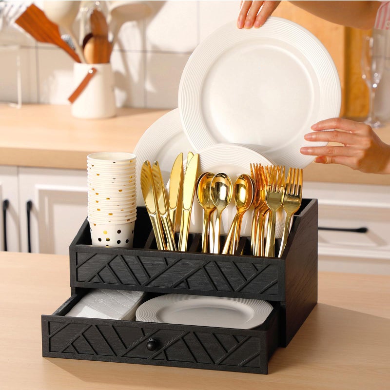 Marsui Paper Plate Dispenser, Paper Plate Holder for Countertop with Drawer Wood Silverware Utensil Caddy, Cutlery Flatware Organizer for Spoon Fork Napkins Kitchen Camping Buffet(Black) - Image 4