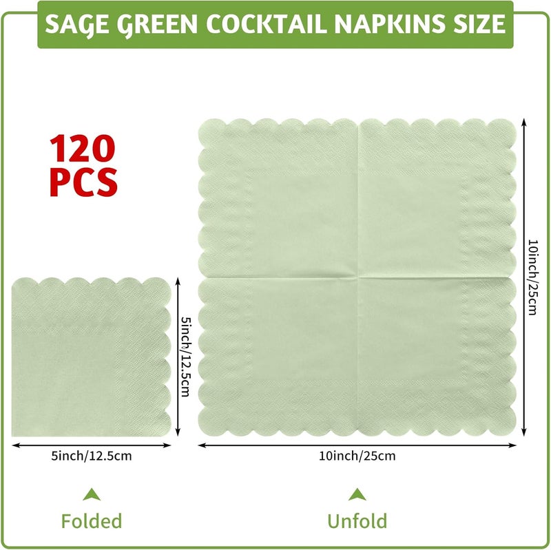 120 Pcs Sage Green Scalloped Cocktail Napkins - Disposable Dessert Beverage Napkins for Weddings and Parties - Image 2