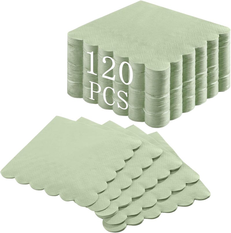 120 Pcs Sage Green Scalloped Cocktail Napkins - Disposable Dessert Beverage Napkins for Weddings and Parties - Image 1