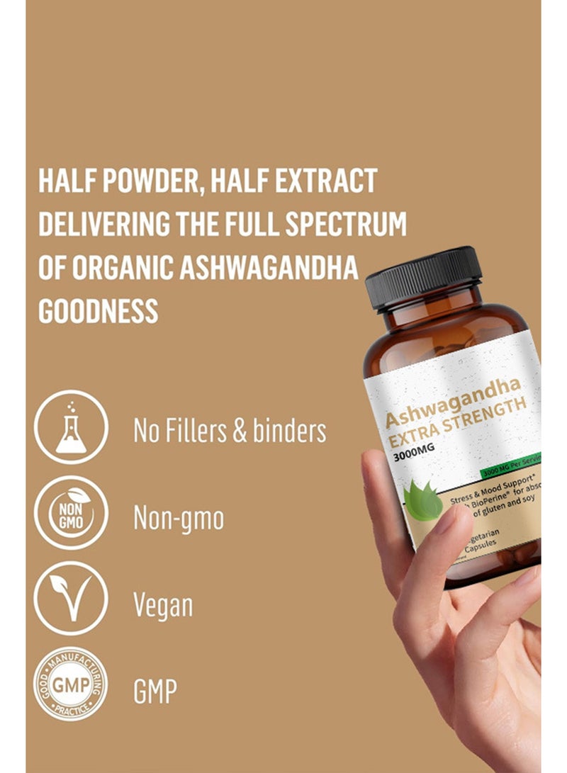 إكسترا كبسولات أشواغاندا بتركيز إضافي 3000 ملغ - صيغة لتخفيف التوتر، دعم طبيعي لتحسين المزاج، دعم للتوتر والتركيز والطاقة، 120 كبسولة - Image 3