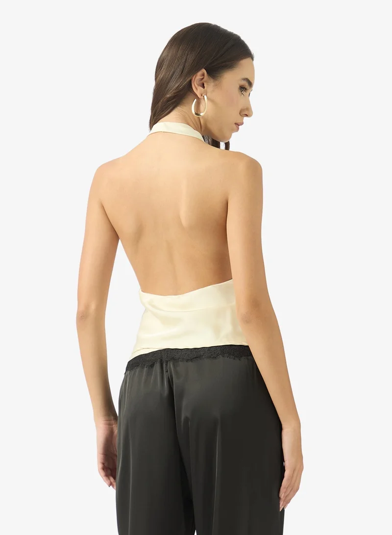 Ginger Halter Neck Satin Top with Lace Detail