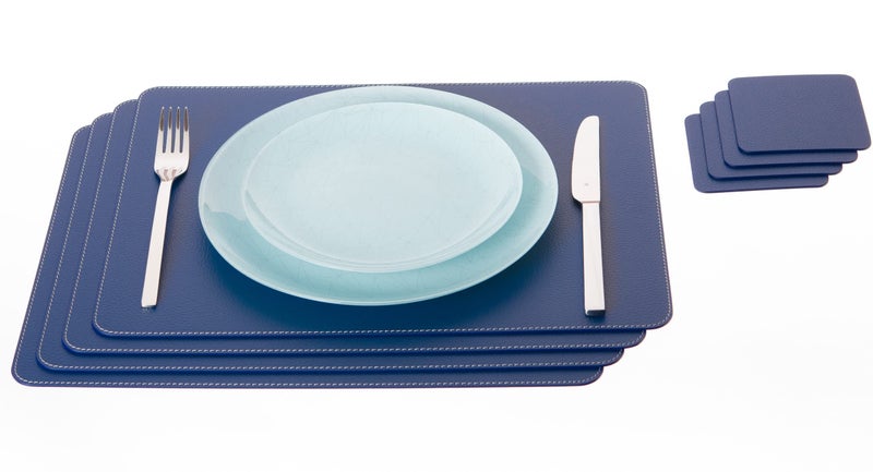 Nikalaz Set of Blue Placemats and Coasters 4 Table Mats and 4 Coasters Recycled Leather Place Mats 18 x 13 and Coasters 39 x 39