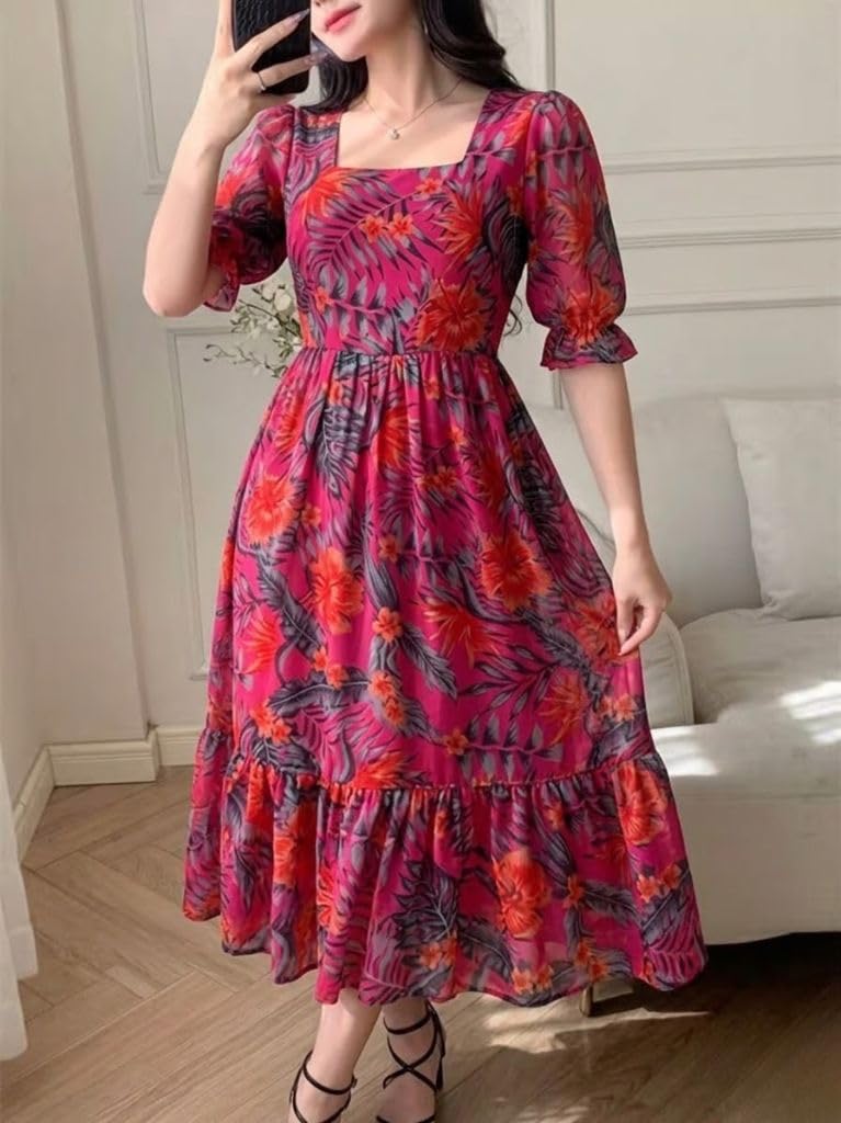 SMOWKLY Women's Georgette Floral Printed Indo-Western Ethnic Gown || Half Sleeve V Neck Fit & Flare Flared Hem Design || Casual Wear A-Line Maxi Dress Pink,2XL - Image 5