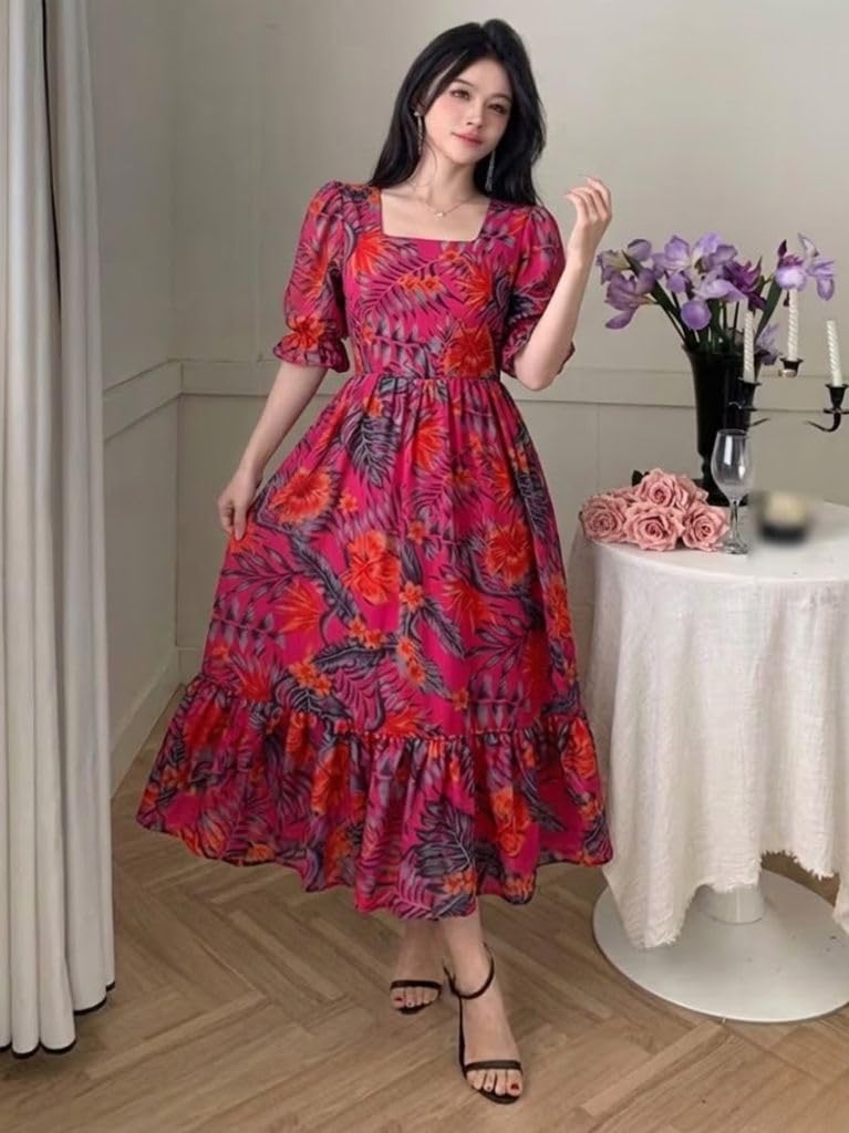 SMOWKLY Women's Georgette Floral Printed Indo-Western Ethnic Gown || Half Sleeve V Neck Fit & Flare Flared Hem Design || Casual Wear A-Line Maxi Dress Pink,2XL - Image 3