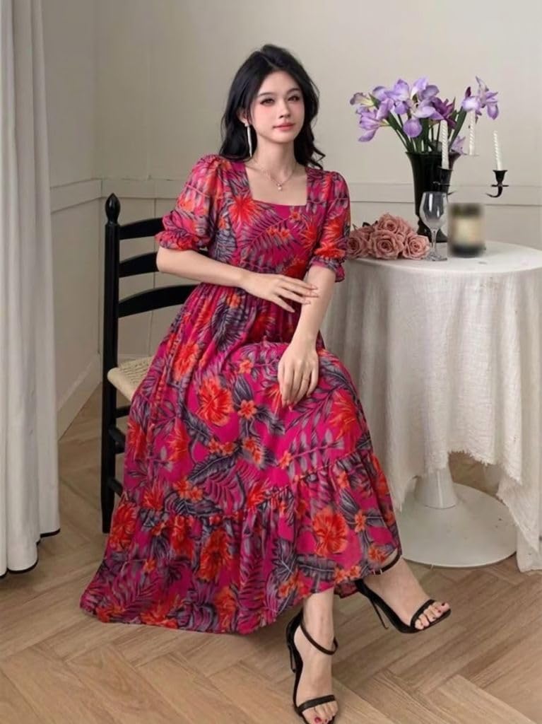SMOWKLY Women's Georgette Floral Printed Indo-Western Ethnic Gown || Half Sleeve V Neck Fit & Flare Flared Hem Design || Casual Wear A-Line Maxi Dress Pink,2XL - Image 4