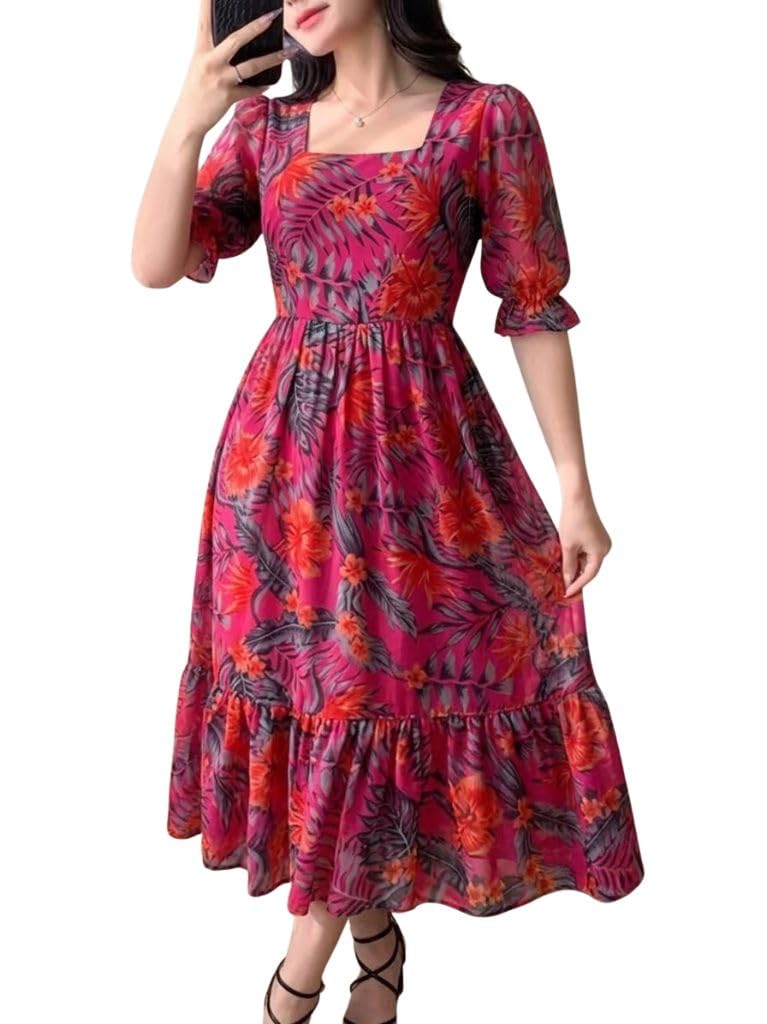 SMOWKLY Women's Georgette Floral Printed Indo-Western Ethnic Gown || Half Sleeve V Neck Fit & Flare Flared Hem Design || Casual Wear A-Line Maxi Dress Pink,2XL - Image 1
