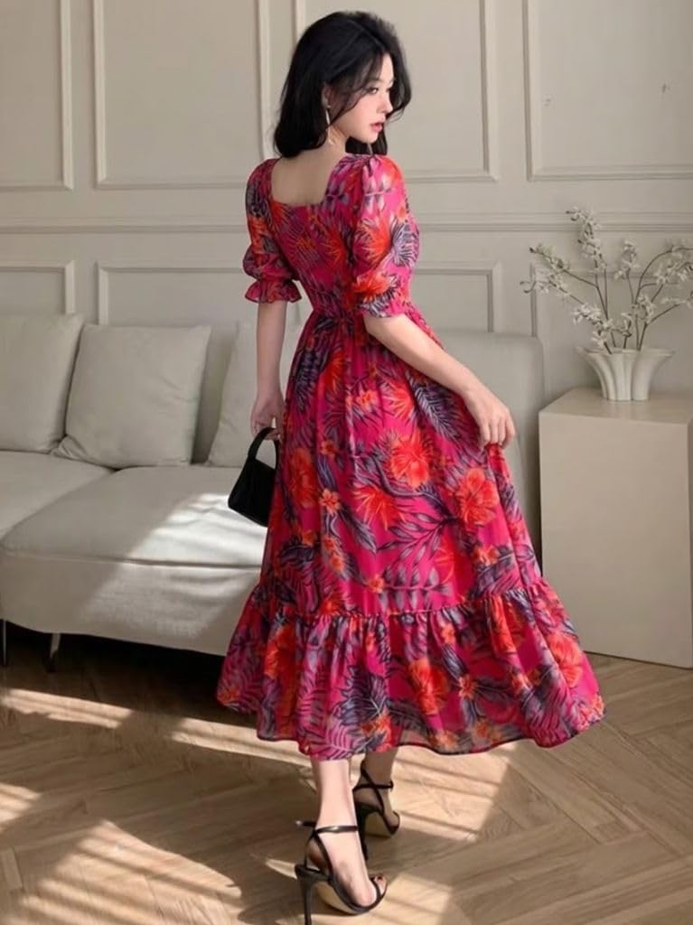 SMOWKLY Women's Georgette Floral Printed Indo-Western Ethnic Gown || Half Sleeve V Neck Fit & Flare Flared Hem Design || Casual Wear A-Line Maxi Dress Pink,2XL - Image 2