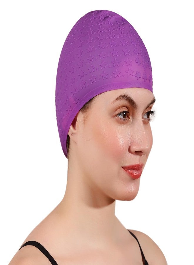 SHIFTER Latest Designed Long Hair Silicone Swim Cap, Keeps Hair Clean with Ear Protector, Waterproof Silicone Swimming Cap for Adult Women and Men,Swimming Bubble Star Cap Extra Stretch (Purple) - Image 4