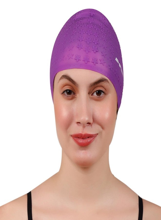 SHIFTER Latest Designed Long Hair Silicone Swim Cap, Keeps Hair Clean with Ear Protector, Waterproof Silicone Swimming Cap for Adult Women and Men,Swimming Bubble Star Cap Extra Stretch (Purple) - Image 3
