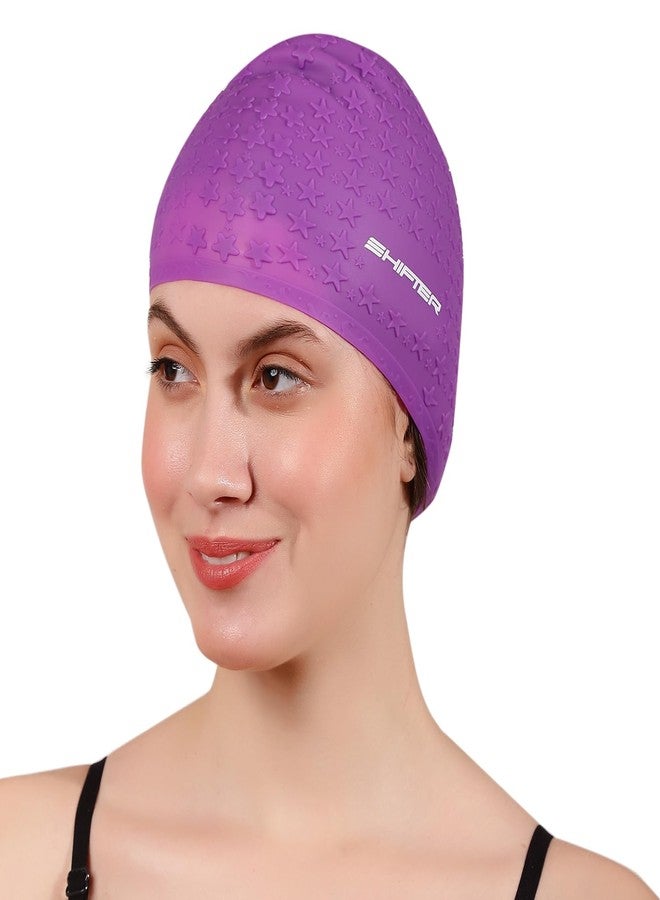 SHIFTER Latest Designed Long Hair Silicone Swim Cap, Keeps Hair Clean with Ear Protector, Waterproof Silicone Swimming Cap for Adult Women and Men,Swimming Bubble Star Cap Extra Stretch (Purple) - Image 5