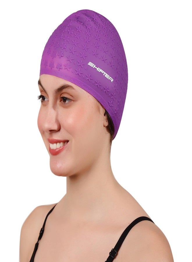 SHIFTER Latest Designed Long Hair Silicone Swim Cap, Keeps Hair Clean with Ear Protector, Waterproof Silicone Swimming Cap for Adult Women and Men,Swimming Bubble Star Cap Extra Stretch (Purple) - Image 2