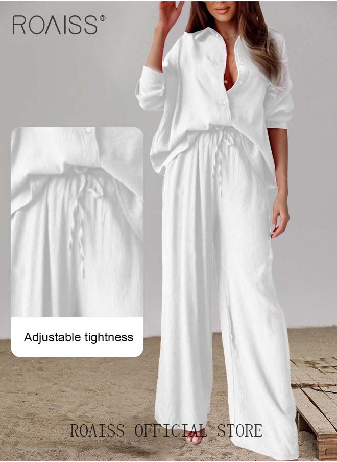 roaiss Ladies Comfortable Cotton Linen 2 Piece Suit for Daily Commute Shirt and Wide Leg Pants Set with Simple Loose Fit Design for Leisure  - Image 4