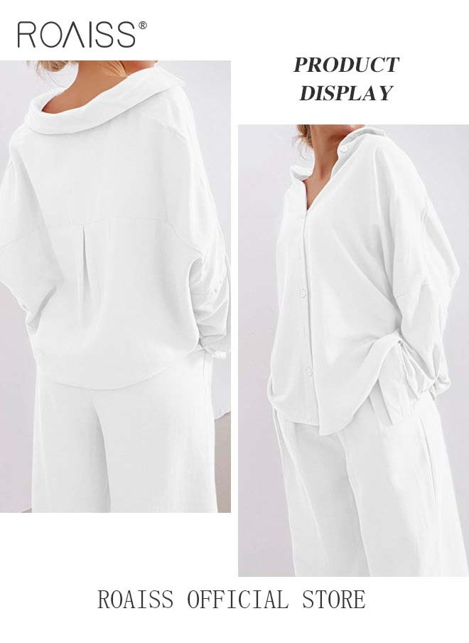 roaiss Ladies Comfortable Cotton Linen 2 Piece Suit for Daily Commute Shirt and Wide Leg Pants Set with Simple Loose Fit Design for Leisure  - Image 5