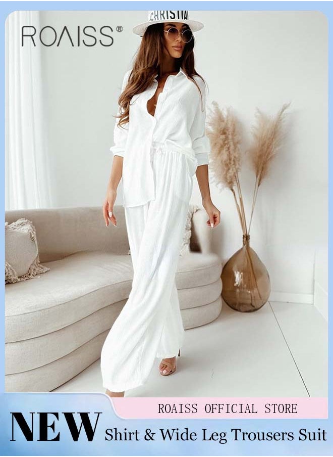 roaiss Ladies Comfortable Cotton Linen 2 Piece Suit for Daily Commute Shirt and Wide Leg Pants Set with Simple Loose Fit Design for Leisure  - Image 2