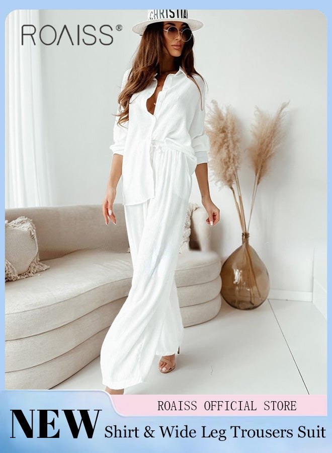 roaiss Ladies Comfortable Cotton Linen 2 Piece Suit for Daily Commute Shirt and Wide Leg Pants Set with Simple Loose Fit Design for Leisure - Image 2