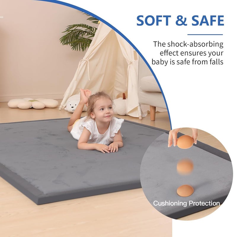 Huloo Sleep حصيرة لعب للأطفال فائقة النعومة للأرضية 13 سم من إلساتي فوم 50x50 حصيرة للعب للأطفال الرضع والأطفال الصغار مقاومة للماء من قماش الفيلكرو الكورالي لوقت البطن قاعدة غير قابلة للانزلاق آمنة للزحف نمط تاتامي رمادي داكن - Image 3