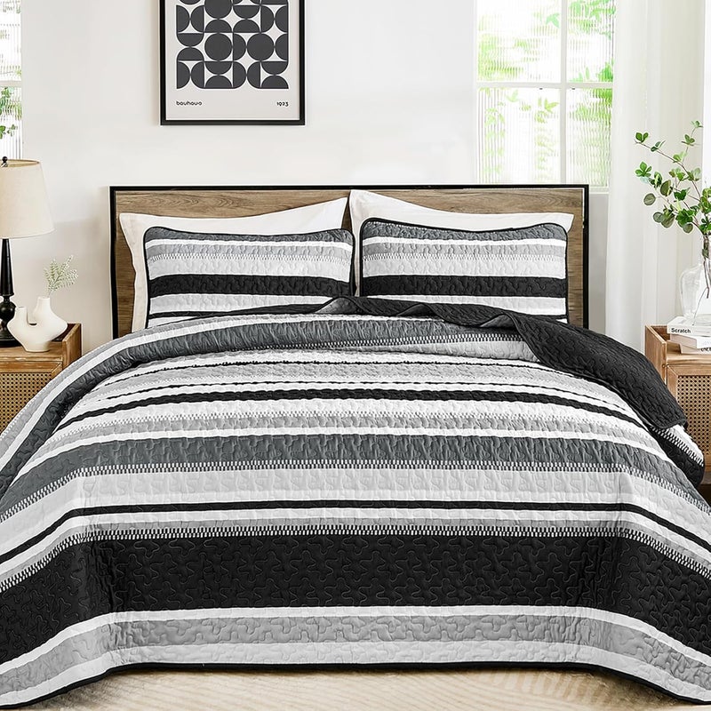 WONGS BEDDING مجموعة بطانيات من WONGS لحجم كينغ سايز، تتكون من 3 قطع: غطاء سرير بألوان سوداء مخطوطة، بطانيات خفيفة الوزن لجميع المواسم، مقاس 110" × 90". - Image 2