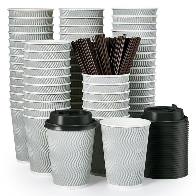 MUCHII 12 oz Disposable Coffee Cups 100 Count Insulated Ripple To Go Cups With Lids and Straws for Tea Hot Chocolate and Drinks