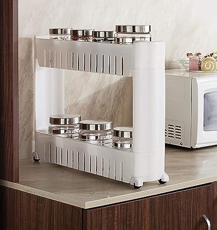 QUALIZA 2 Layer Slim Multipurpose Kitchen Storage Rack Space Saving Storage Organizer Rack Shelf with Moving Wheels for Easy Movement Trolley Rack for Kitchen Bathroom Bedroom - Image 1