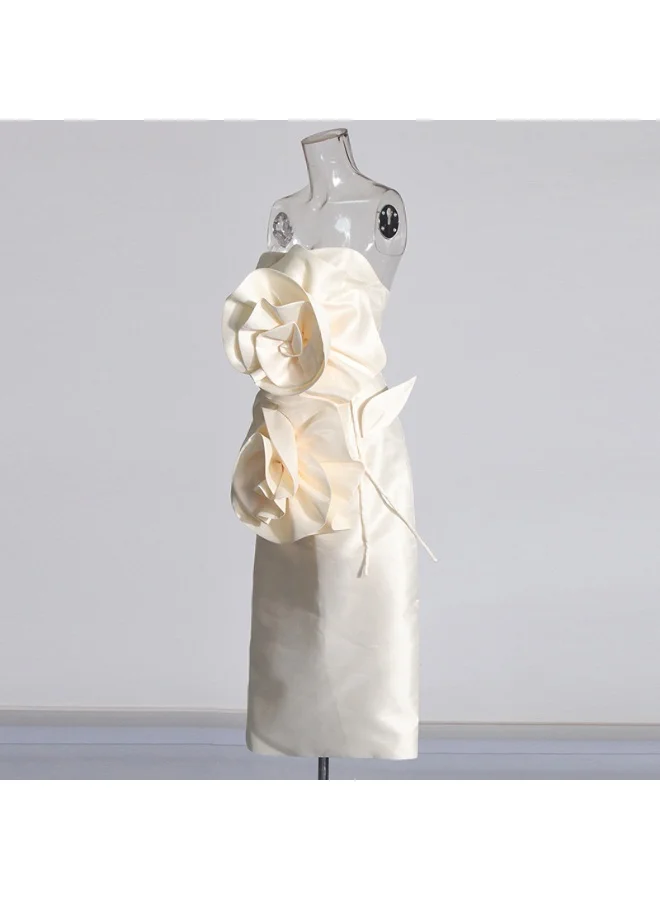 Madam Uniq Elegant Cream - Colored 3D Flower Dress, Strapless & Midi Length, High - Fashion Gown