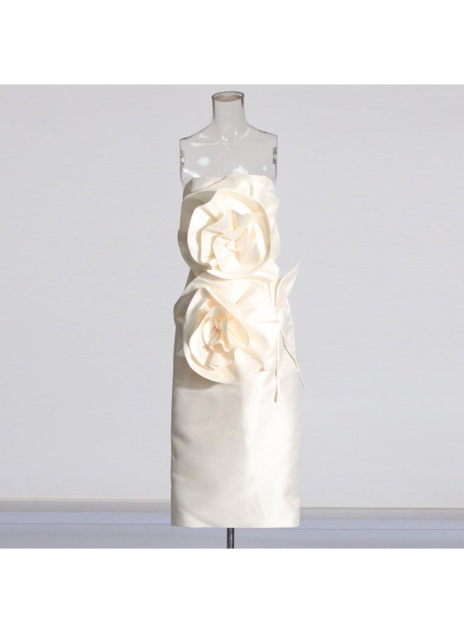 Madam Uniq Elegant Cream - Colored 3D Flower Dress, Strapless & Midi Length, High - Fashion Gown - Image 2