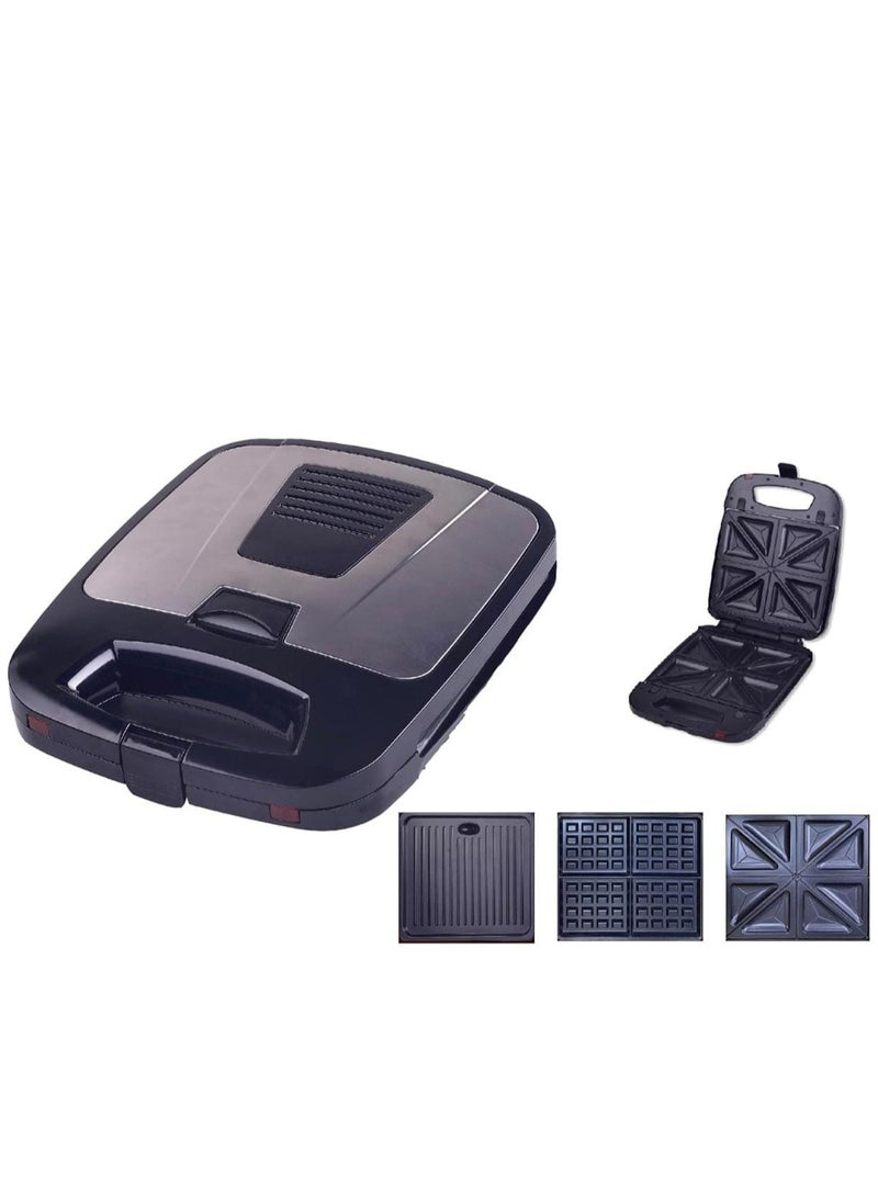 3 in 1 Sandwich Maker, Grill & Waffle Maker – Non-Stick Snack Maker with Interchangeable Plates, Cool Touch Handle & Indicator Lights – Compact Breakfast Maker for Home & Kitchen Use - Image 1