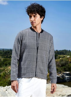 Campus Sutra Men's Black & White Zip-Front Houndstooth Jacket  - Image 2