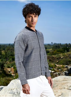 Campus Sutra Men's Black & White Zip-Front Houndstooth Jacket  - Image 3