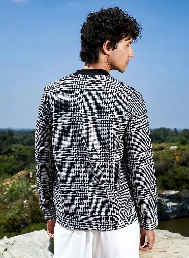 Campus Sutra Men's Black & White Zip-Front Houndstooth Jacket