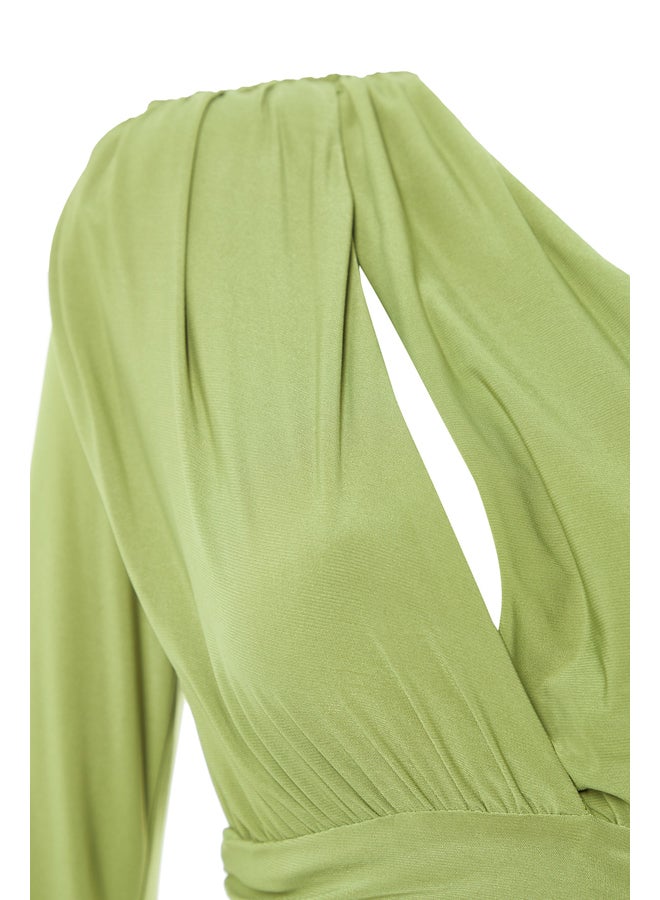 trendyol Light Green Open Waist/Skater Knitted Window/Cut Out Detailed Evening Dress TPRSS23EL00032  - Image 4