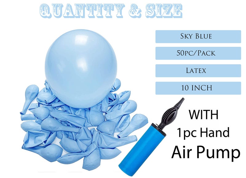 atorakushon Latex Sky Blue Color 10" Inch Rubber Pastel Balloons Pack Of 50pcs With Air Balloon Pump Decoration Happy Birthday Party Supplies Wedding Anniversary Office Party Purpose House party - Image 2