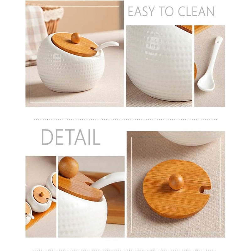 Krivety Porcelain Condiment Jar Spice Container With LidsBamboo Cap Holder SpotCeramic Serving SpoonWooden Tray Best Pottery Cruet Pot For Your HomeKitchenCounter White170 ML Pack of 3 - Image 3