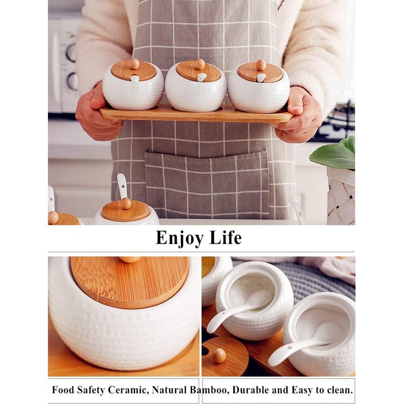 Krivety Porcelain Condiment Jar Spice Container With LidsBamboo Cap Holder SpotCeramic Serving SpoonWooden Tray Best Pottery Cruet Pot For Your HomeKitchenCounter White170 ML Pack of 3 - Image 4