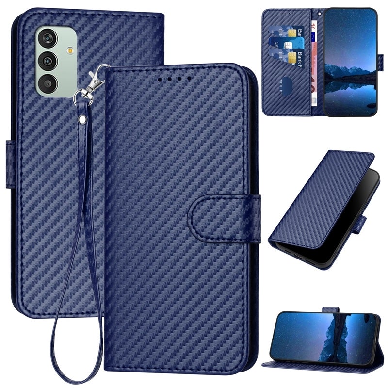 HuHa Protective Cover For Samsung Galaxy M13 India / F13 YX0070 Carbon Fiber Buckle Leather Phone Case with Lanyard(Royal Blue) - Image 1