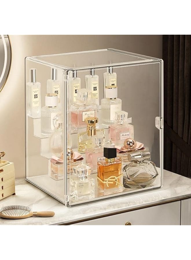 The Bros حامل عرض شفاف مع باب، منظم عطور أكريليك، صندوق تجميل مضاد للغبار، حاوية مكتبية لحامل العطور، تخزين على السطح وحامل عرض من 5 طبقات - Image 1